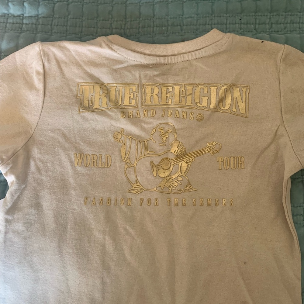 Boys white True Religion T-shirt, size 7, gold logo on front and picture on back